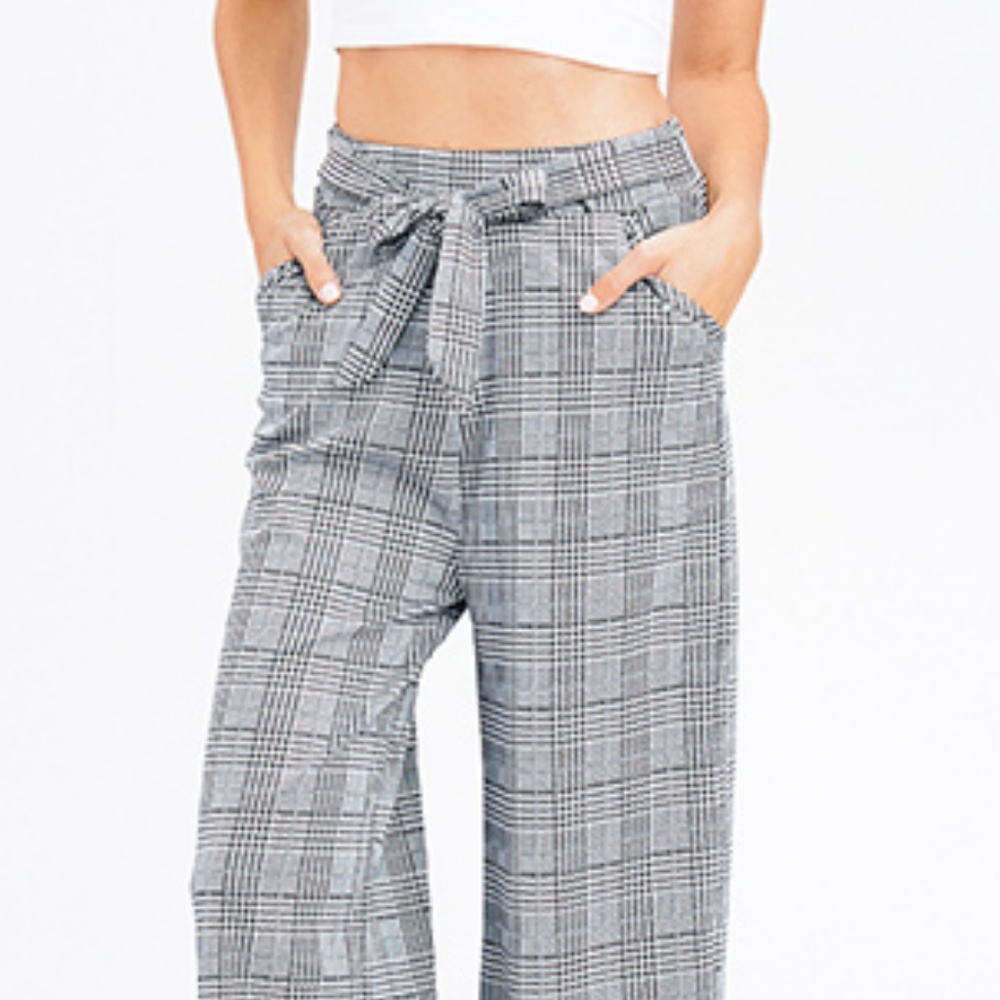 Hounds-tooth knit high waisted trouser wide leg